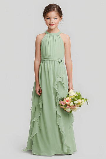 Sage Green Chiffon Halter A-Line Long Junior Bridesmaid Dress